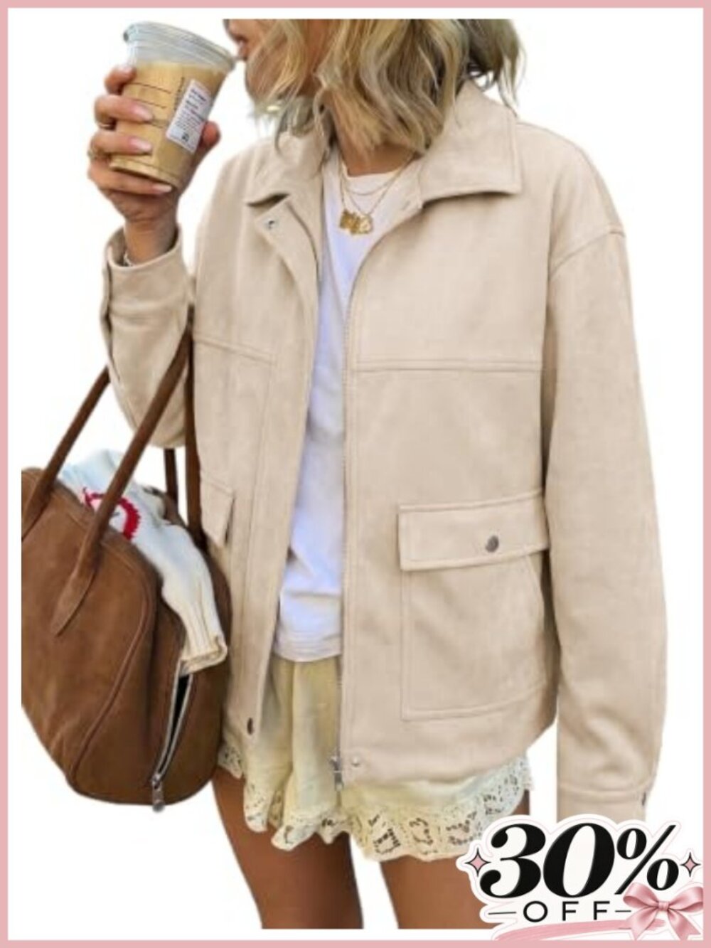 Faux Suede Bomber Jacket Loose Fit Zip Snap Casual Fall Coat